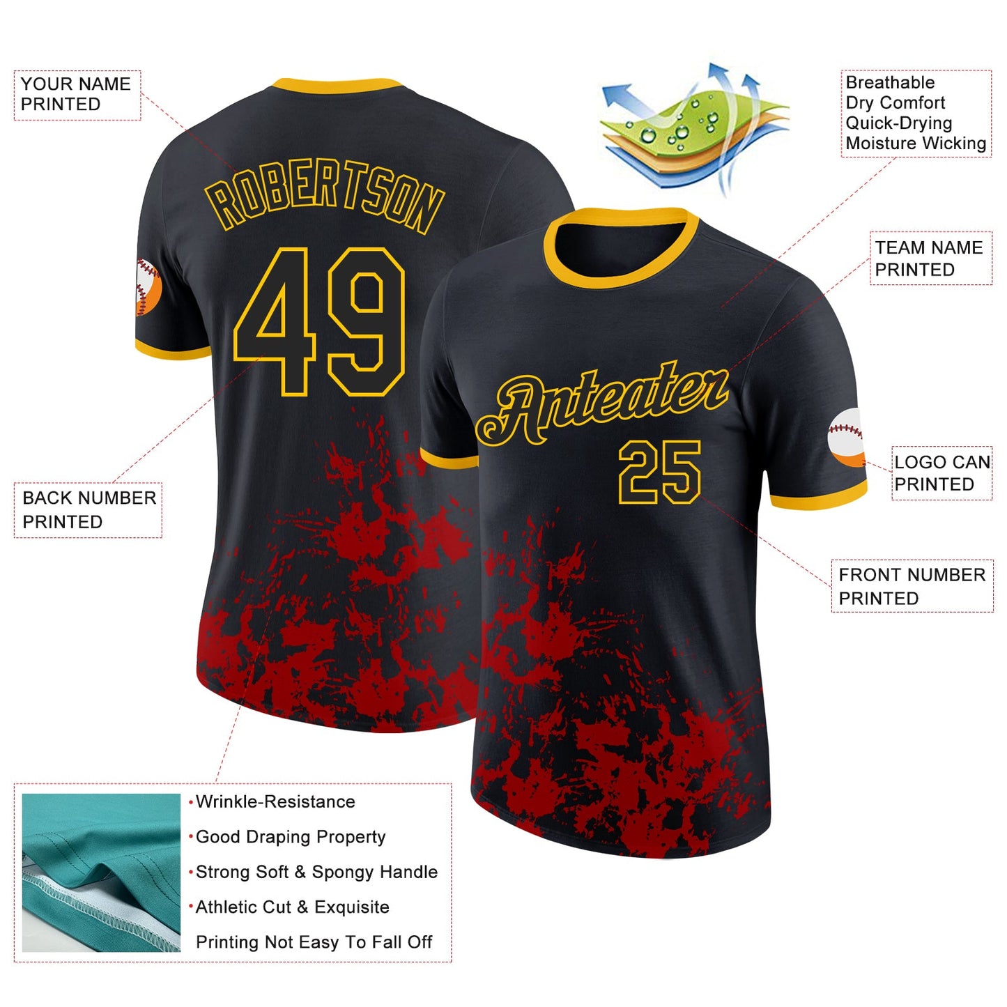 Custom Black Red-Yellow Brush Stroke Splatter Performance T-Shirt view 2