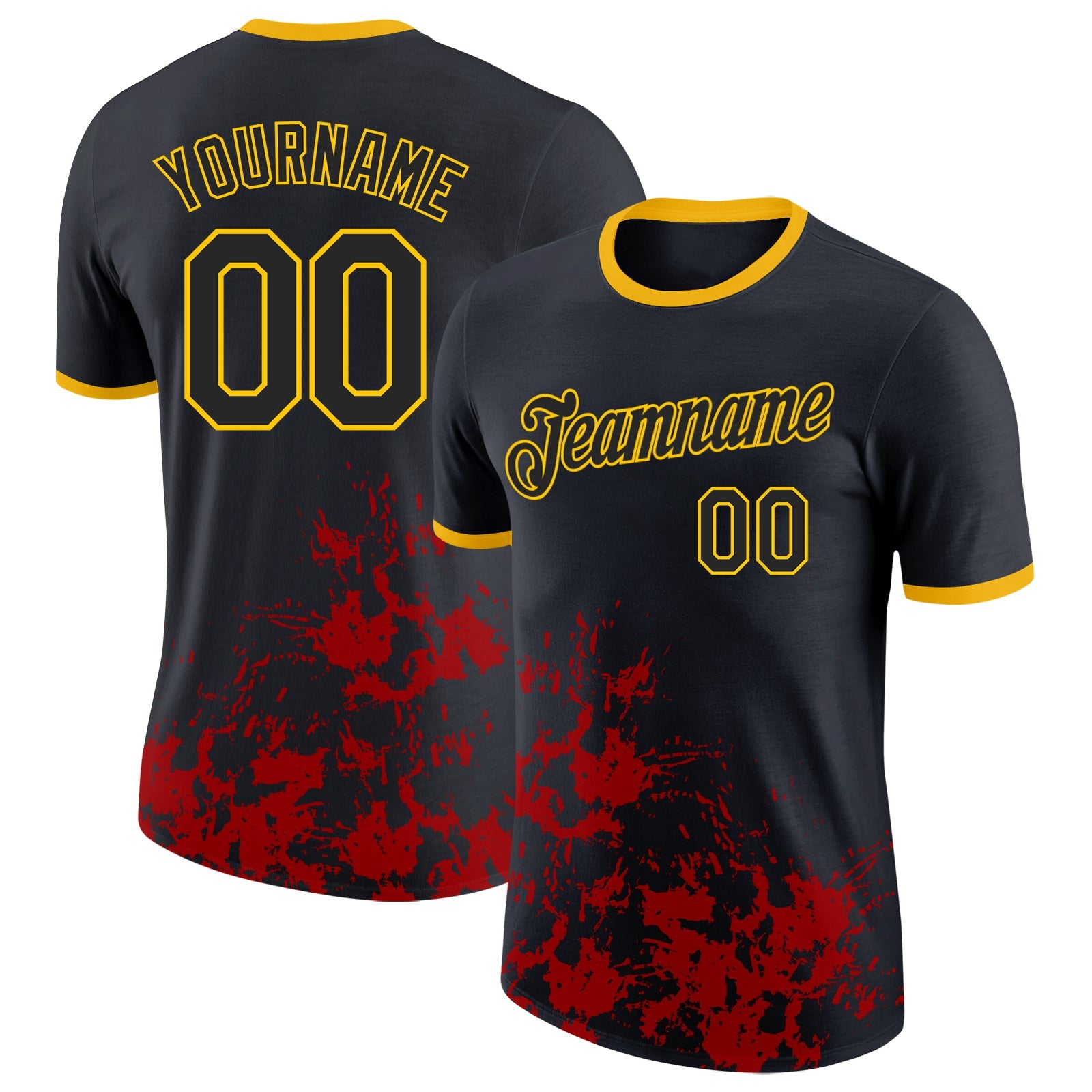Custom Black Red-Yellow Brush Stroke Splatter Performance T-Shirt - Main View