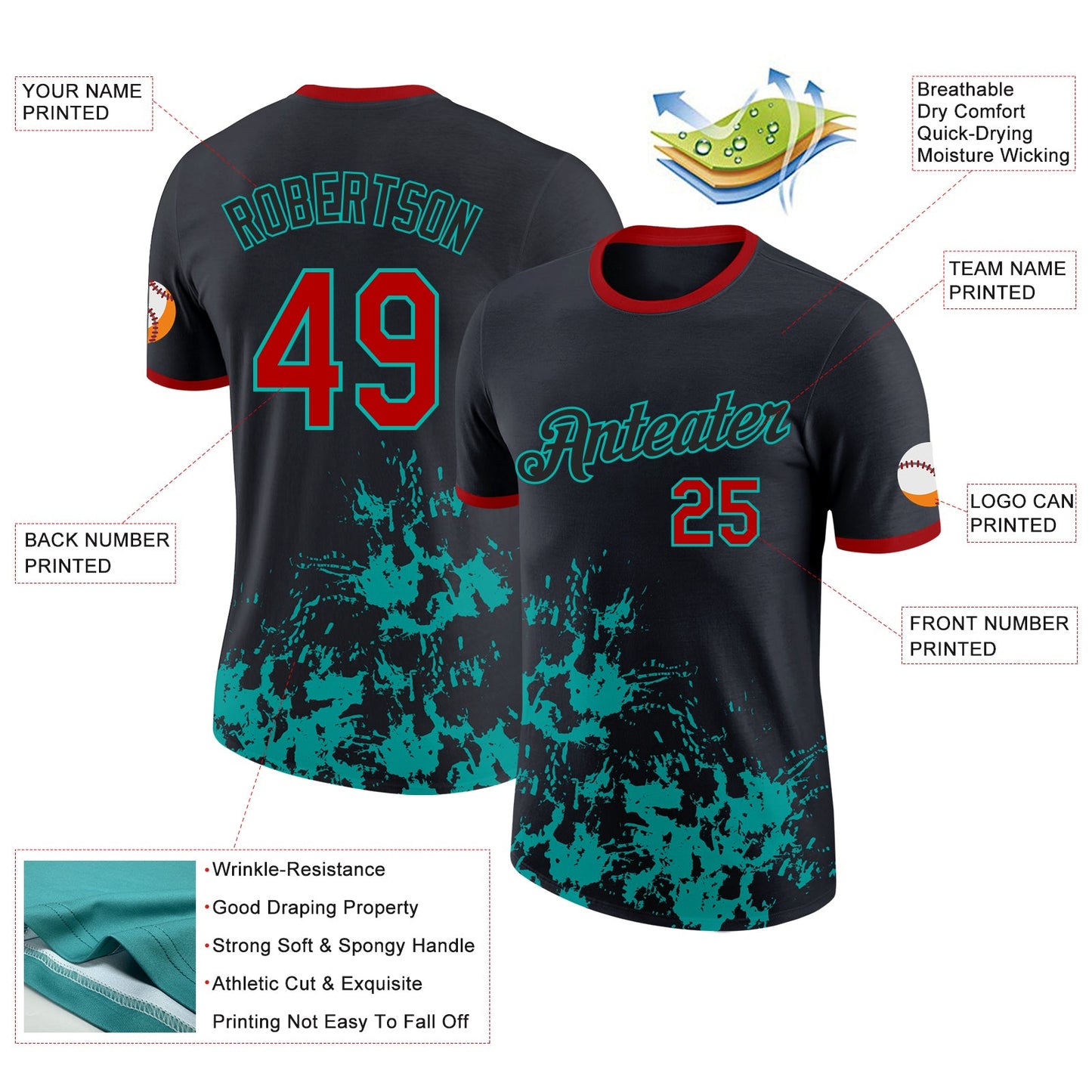 Custom Black Red-Aqua Brush Stroke Splatter Performance T-Shirt view 2