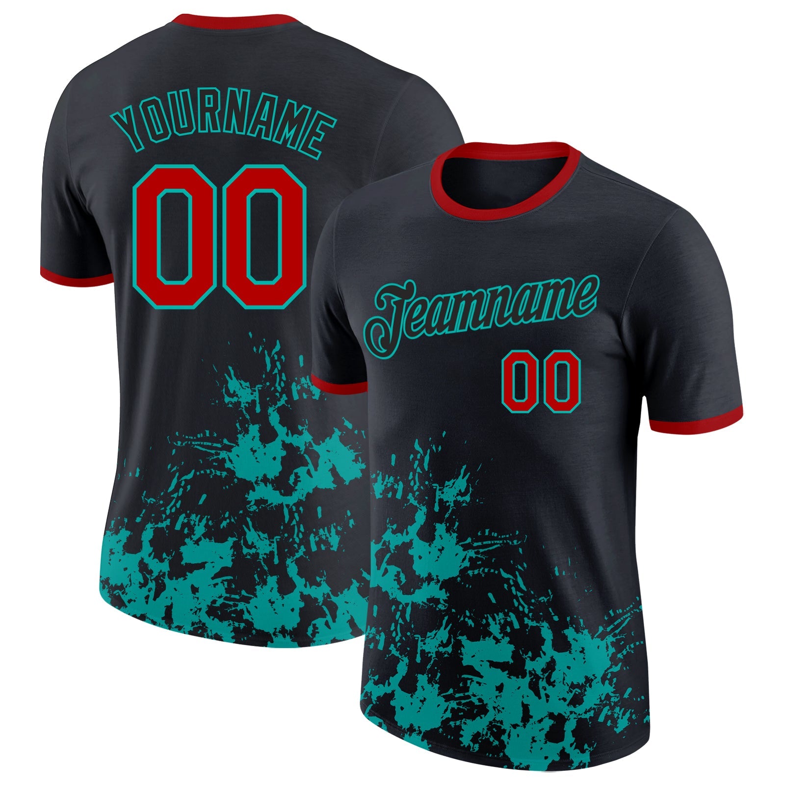 Custom Black Red-Aqua Brush Stroke Splatter Performance T-Shirt - Main View