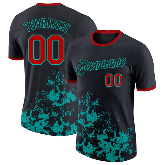 Custom Black Red-Aqua Brush Stroke Splatter Performance T-Shirt - Main View