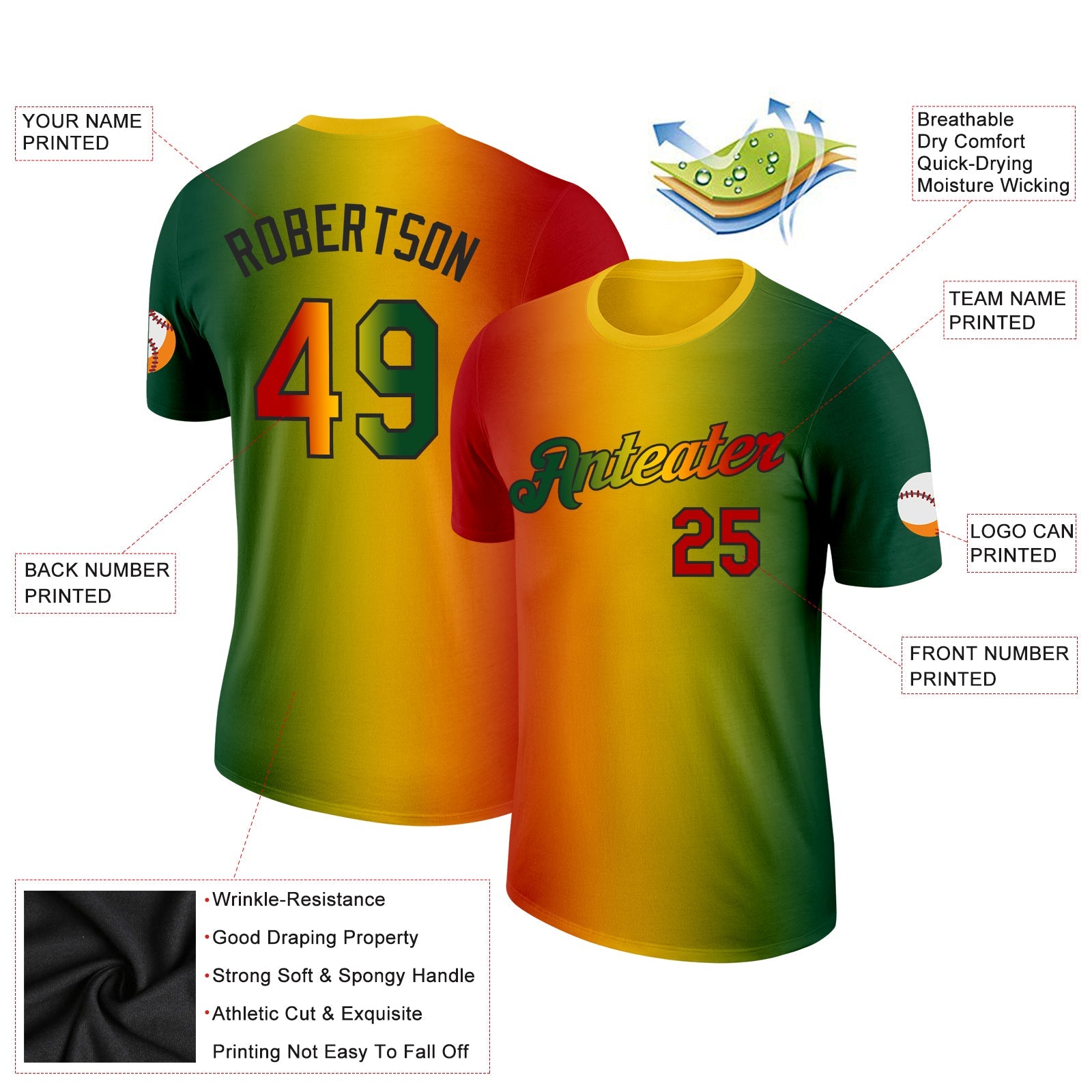 Custom Green Red Yellow-Black 3D Pattern Design Gradient Fashion Black History Month Performance T-Shirt view 2
