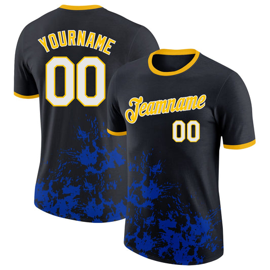 Custom Black White Thunder Blue-Yellow Brush Stroke Splatter Performance T-Shirt - Main View