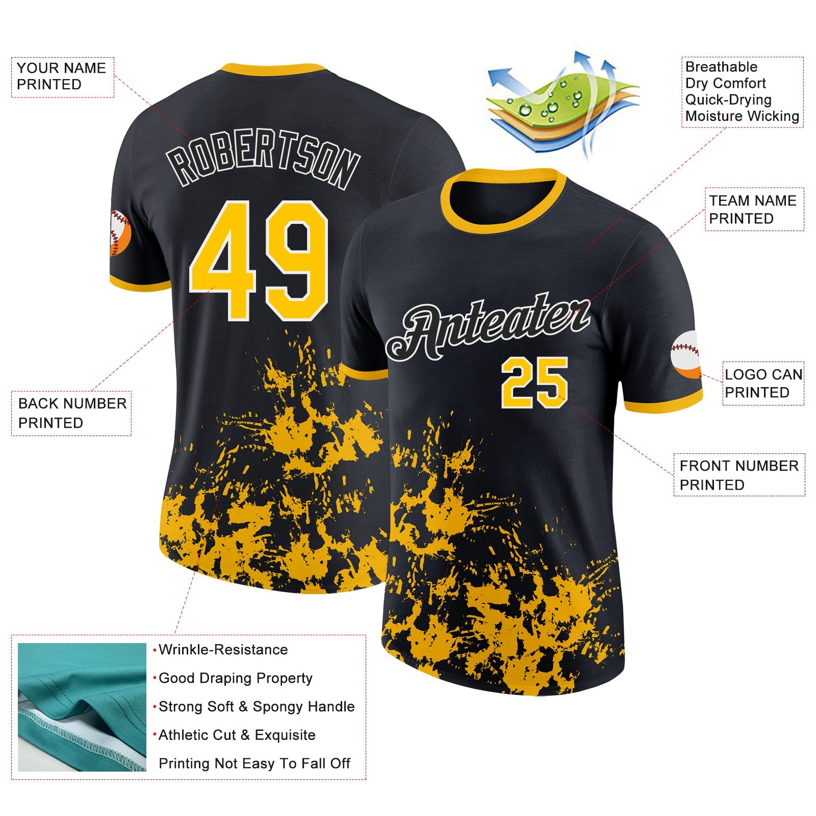 Custom Black Yellow-White Brush Stroke Splatter Performance T-Shirt view 2