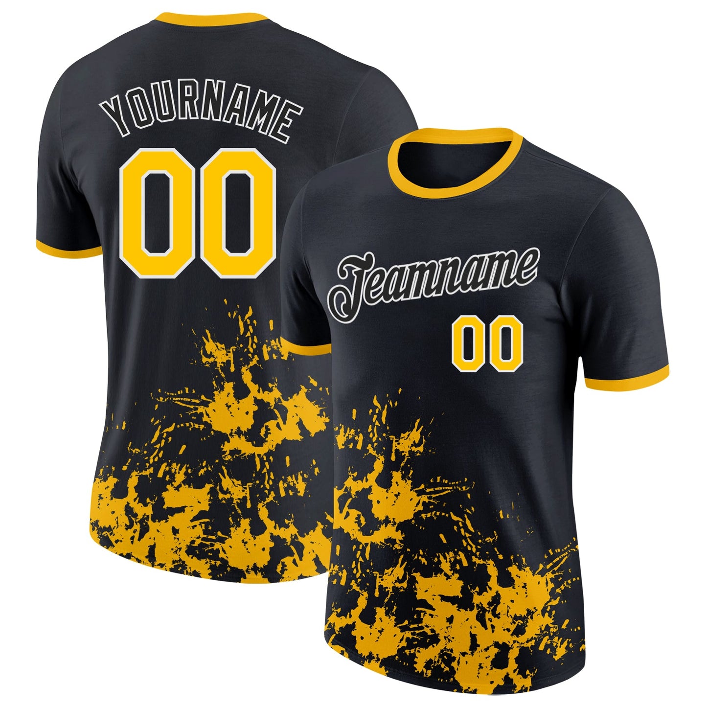 Custom Black Yellow-White Brush Stroke Splatter Performance T-Shirt - Main View