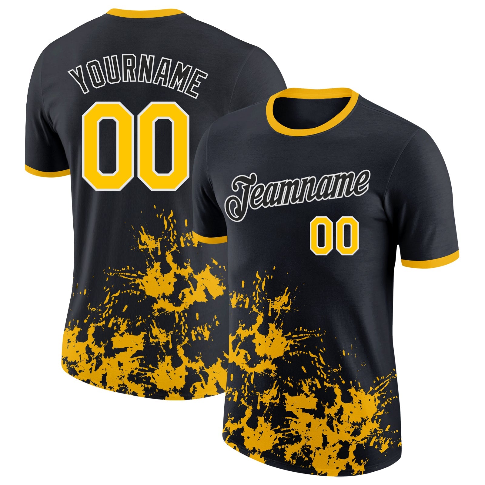 Custom Black Yellow-White Brush Stroke Splatter Performance T-Shirt - Main View