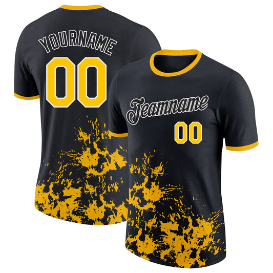 Custom Black Yellow-White Brush Stroke Splatter Performance T-Shirt - Main View