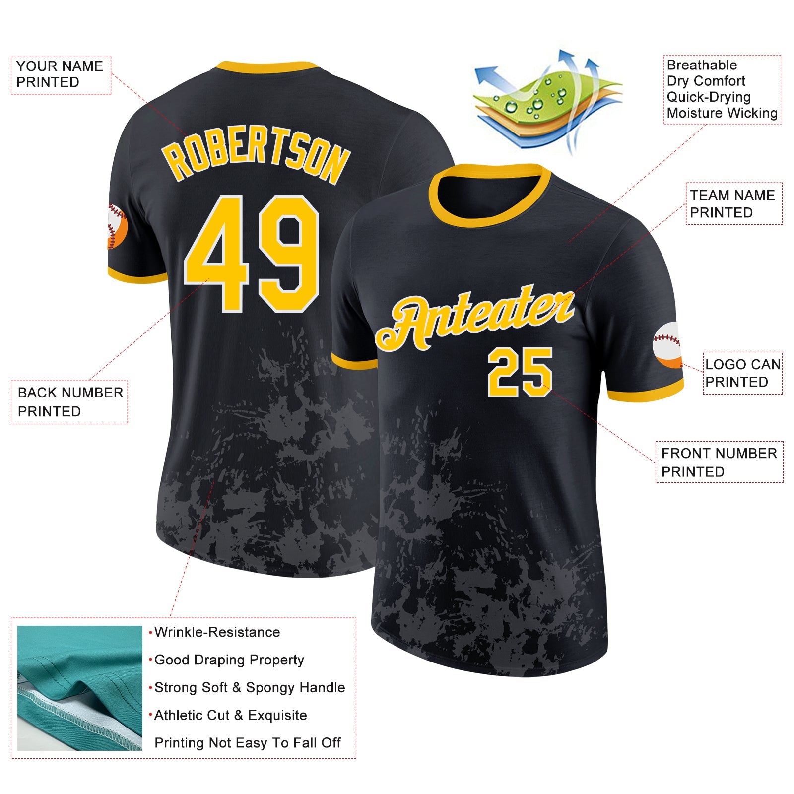 Custom Black Yellow Steel Gray-White Brush Stroke Splatter Performance T-Shirt view 2