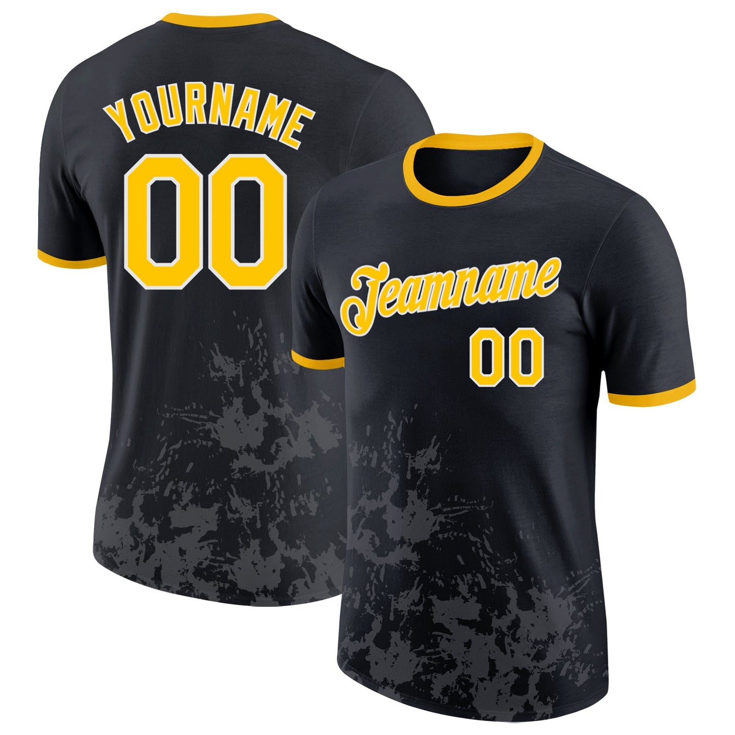 Custom Black Yellow Steel Gray-White Brush Stroke Splatter Performance T-Shirt - Main View