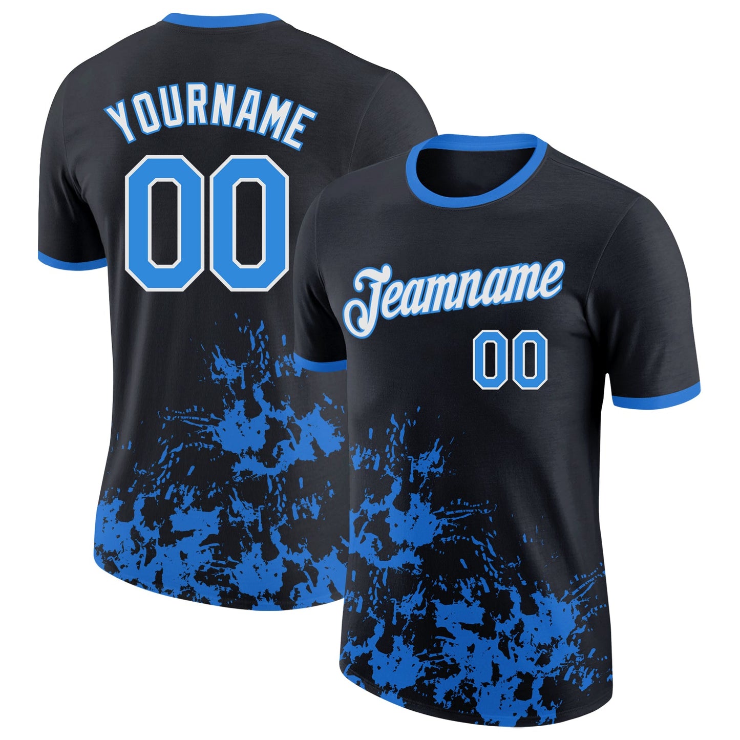 Custom Black Powder Blue-White Brush Stroke Splatter Performance T-Shirt - Main View