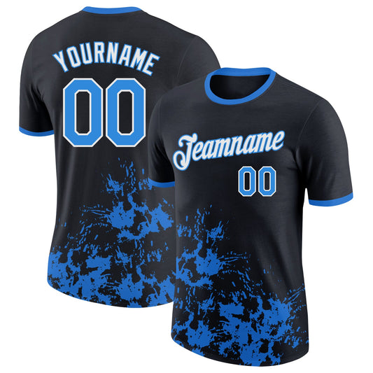 Custom Black Powder Blue-White Brush Stroke Splatter Performance T-Shirt - Main View