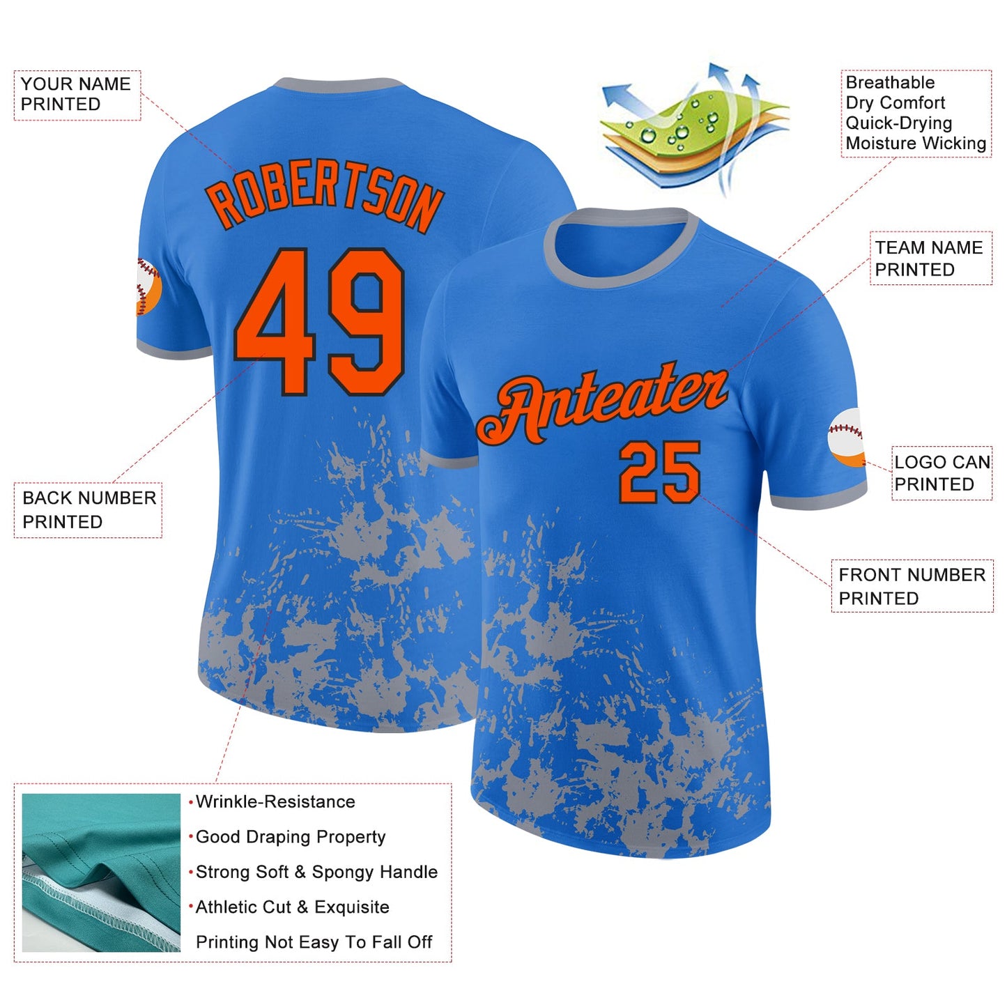 Custom Powder Blue Orange Gray-Black Brush Stroke Splatter Performance T-Shirt view 2