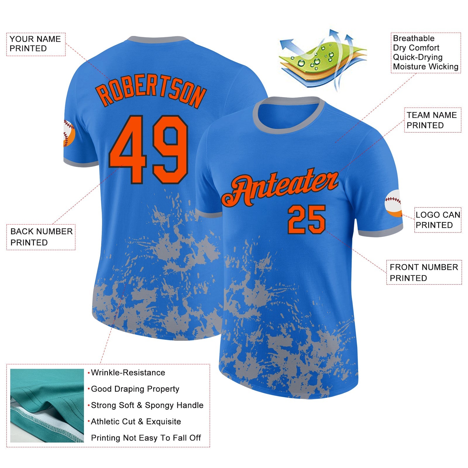 Custom Powder Blue Orange Gray-Black Brush Stroke Splatter Performance T-Shirt view 2