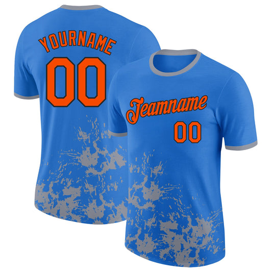 Custom Powder Blue Orange Gray-Black Brush Stroke Splatter Performance T-Shirt - Main View