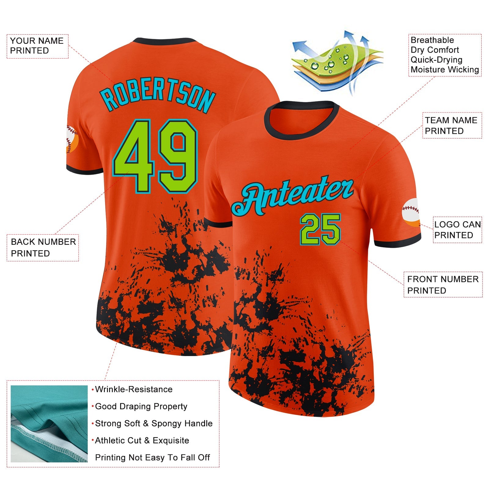 Custom Orange Neon Green Black-Lakes Blue Brush Stroke Splatter Performance T-Shirt view 2