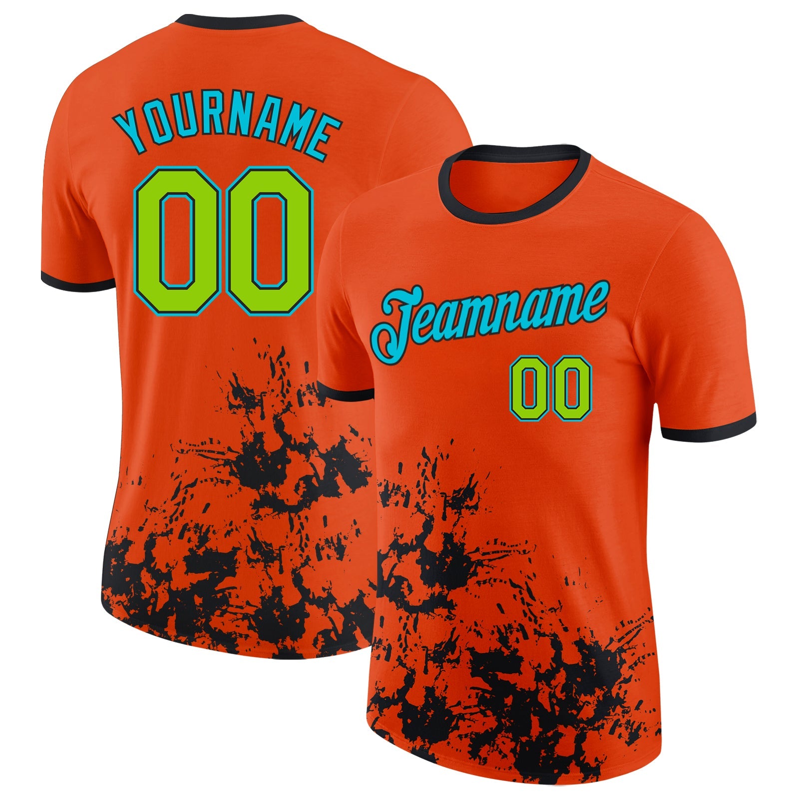 Custom Orange Neon Green Black-Lakes Blue Brush Stroke Splatter Performance T-Shirt - Main View