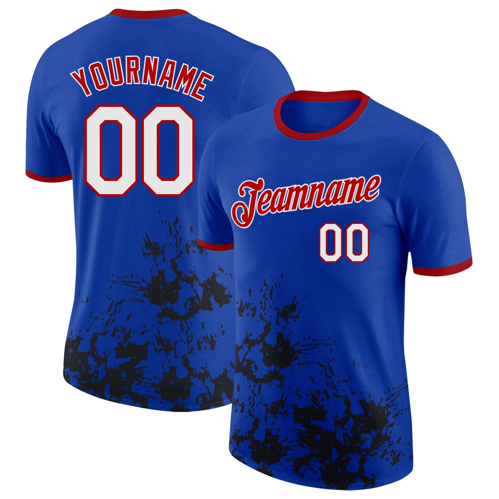 Custom Thunder Blue White Black-Red Brush Stroke Splatter Performance T-Shirt - Main View