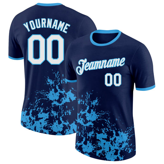 Custom Navy White-Sky Blue Brush Stroke Splatter Performance T-Shirt - Main View