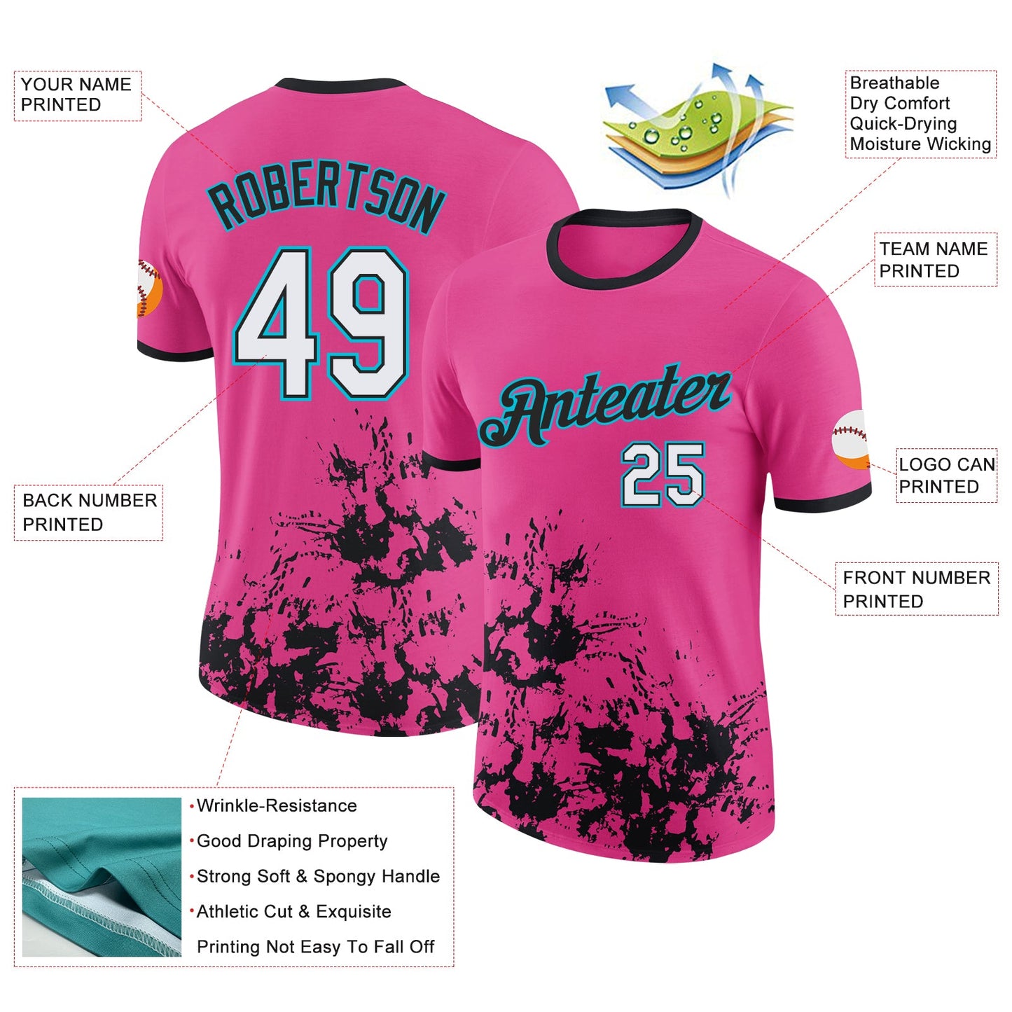 Custom Pink White Black-Lakes Blue Brush Stroke Splatter Performance T-Shirt view 2