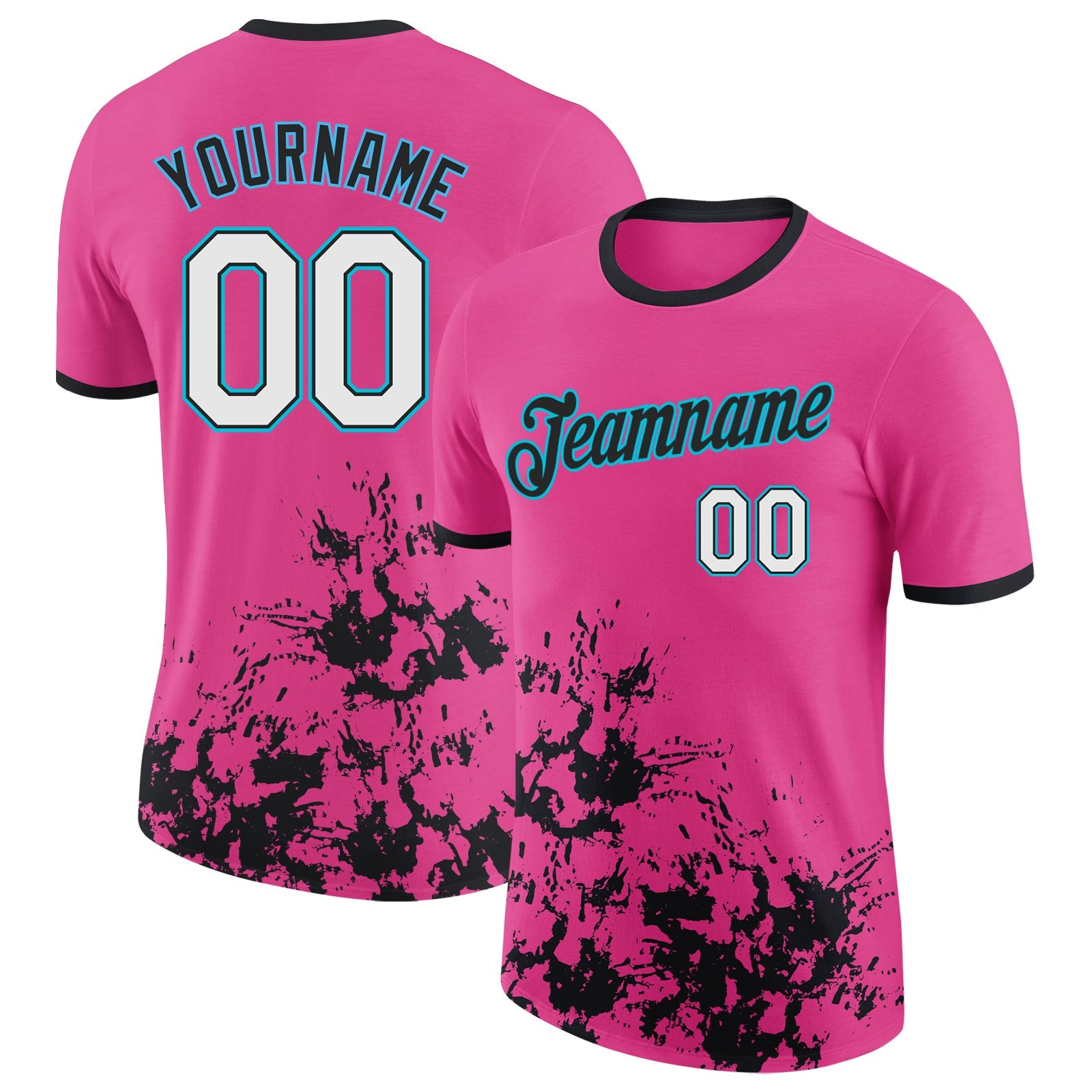 Custom Pink White Black-Lakes Blue Brush Stroke Splatter Performance T-Shirt - Main View