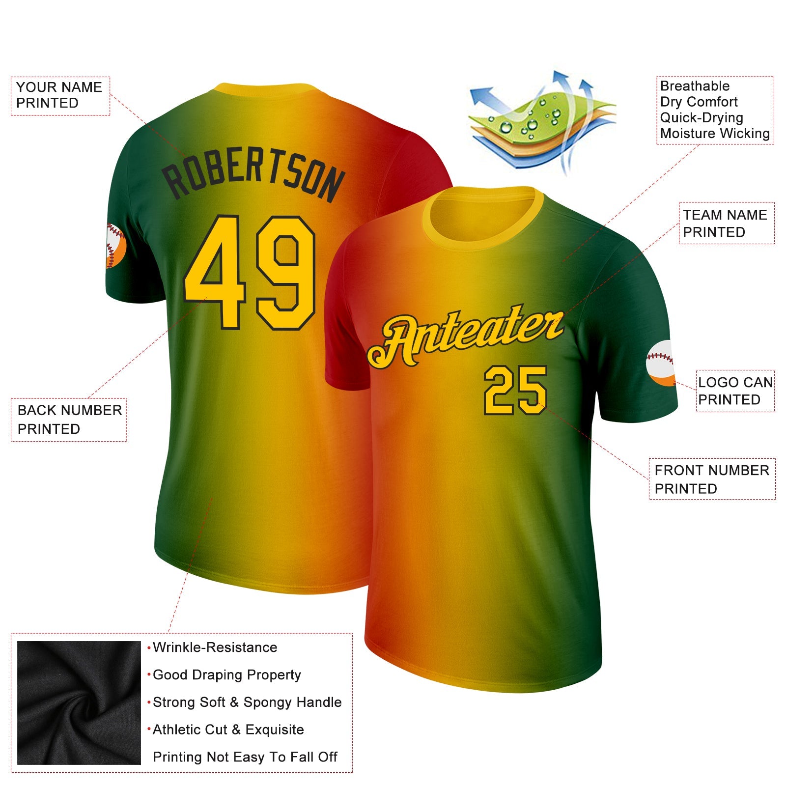 Custom Green Yellow Red-Black 3D Pattern Design Gradient Fashion Black History Month Performance T-Shirt view 2