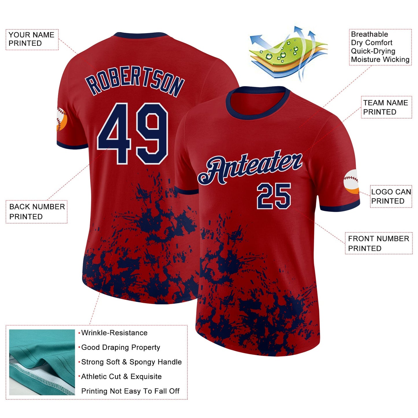 Custom Red Navy-White Brush Stroke Splatter Performance T-Shirt view 2
