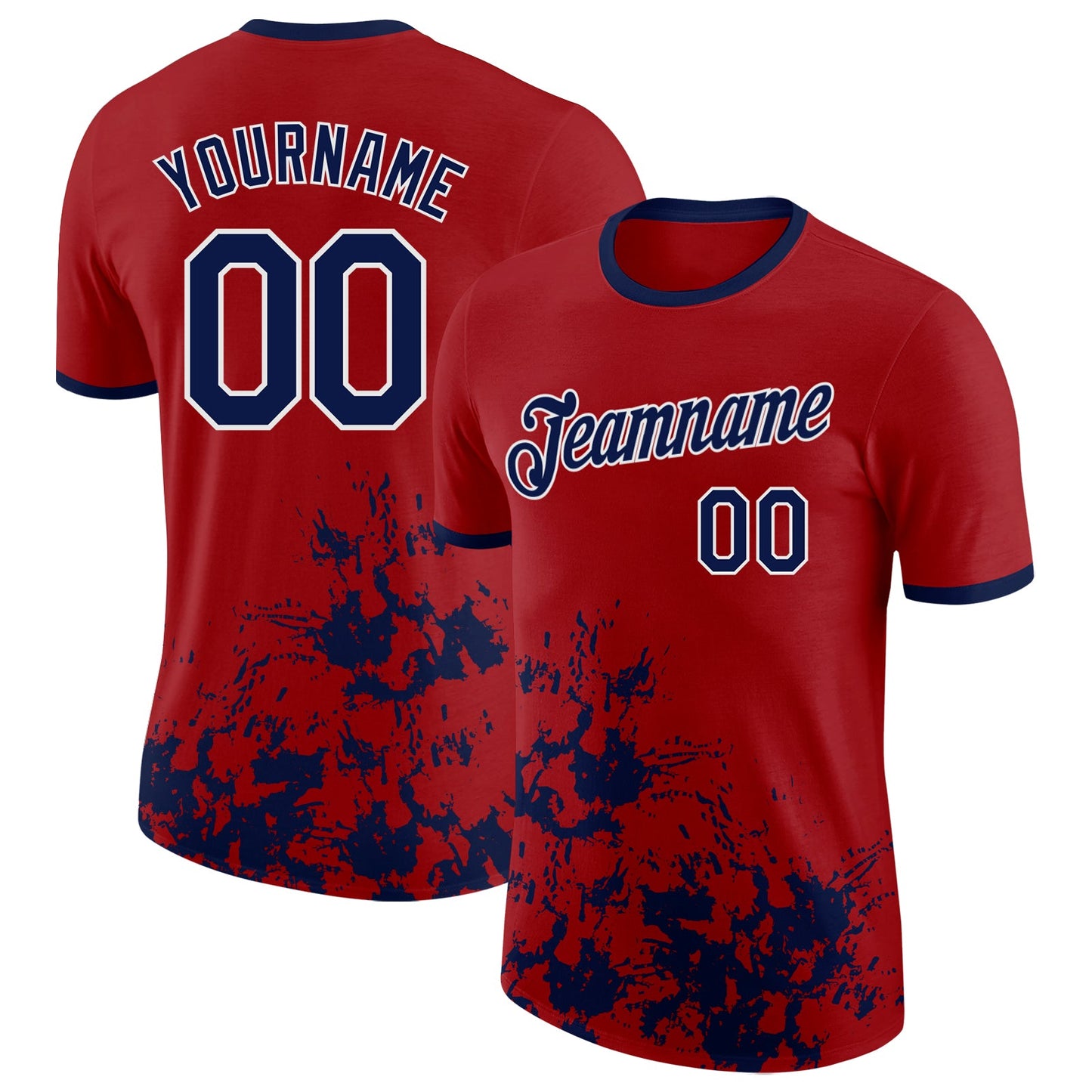 Custom Red Navy-White Brush Stroke Splatter Performance T-Shirt - Main View