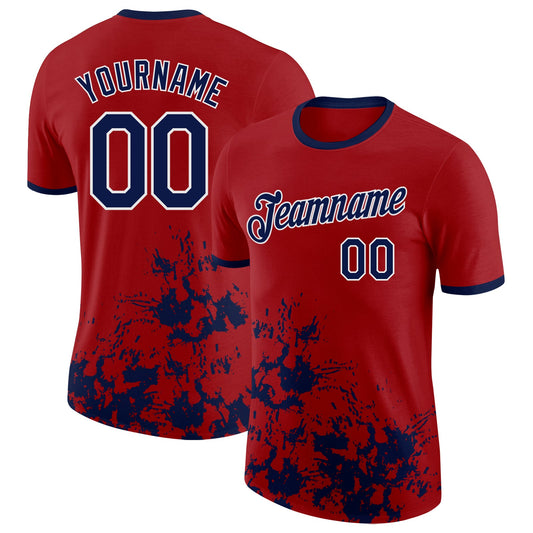 Custom Red Navy-White Brush Stroke Splatter Performance T-Shirt - Main View