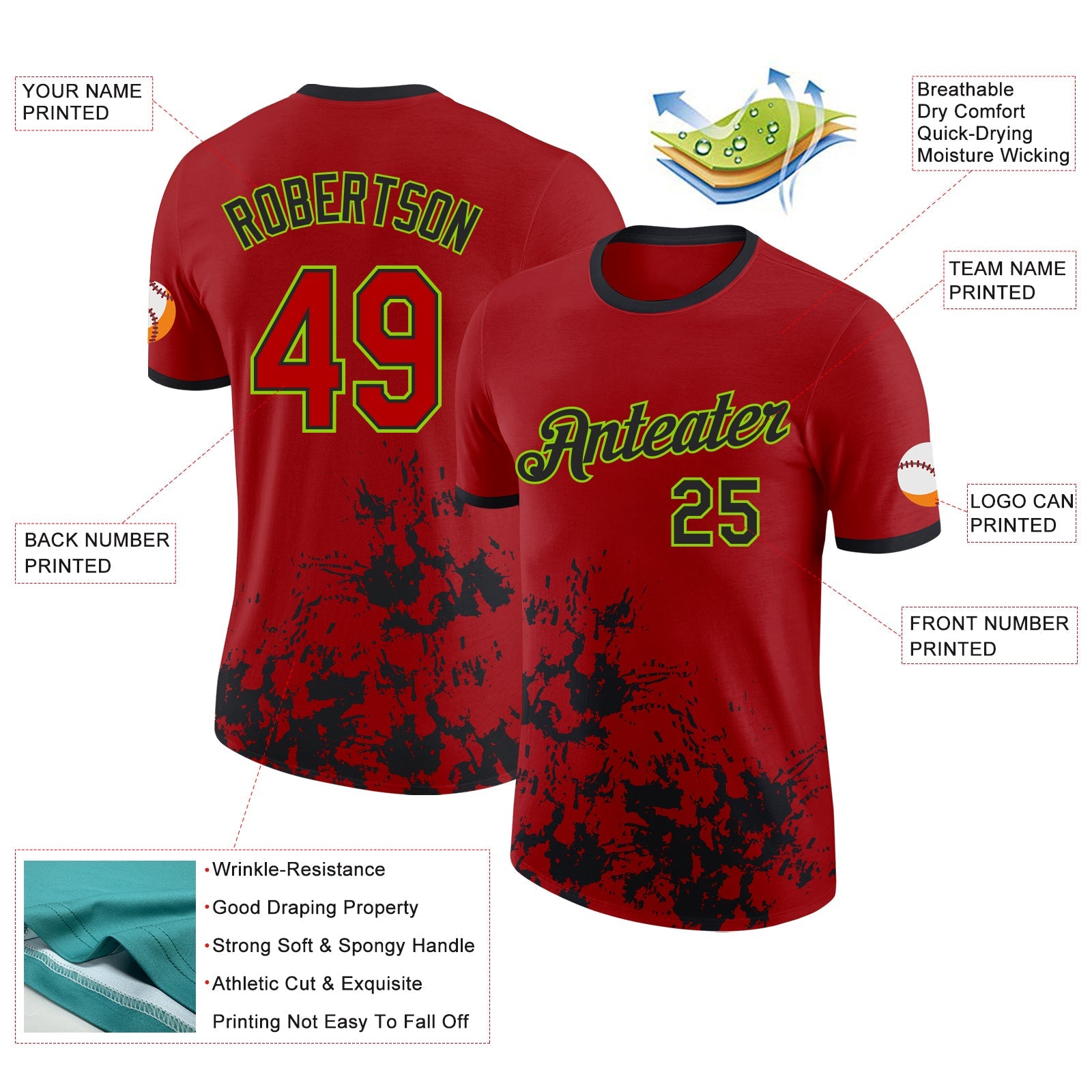 Custom Red Black-Neon Green Brush Stroke Splatter Performance T-Shirt view 2