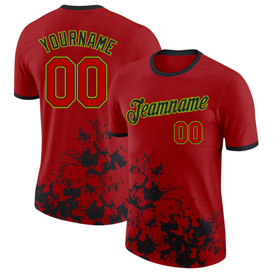 Custom Red Black-Neon Green Brush Stroke Splatter Performance T-Shirt - Main View
