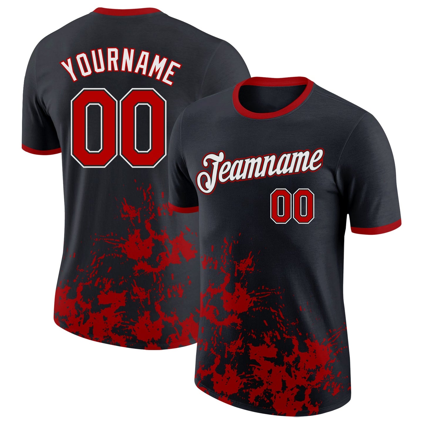 Custom Black Red-White Brush Stroke Splatter Performance T-Shirt - Main View