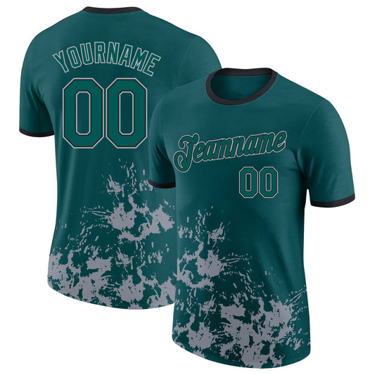 Custom Midnight Green Gray-Black Brush Stroke Splatter Performance T-Shirt - Main View