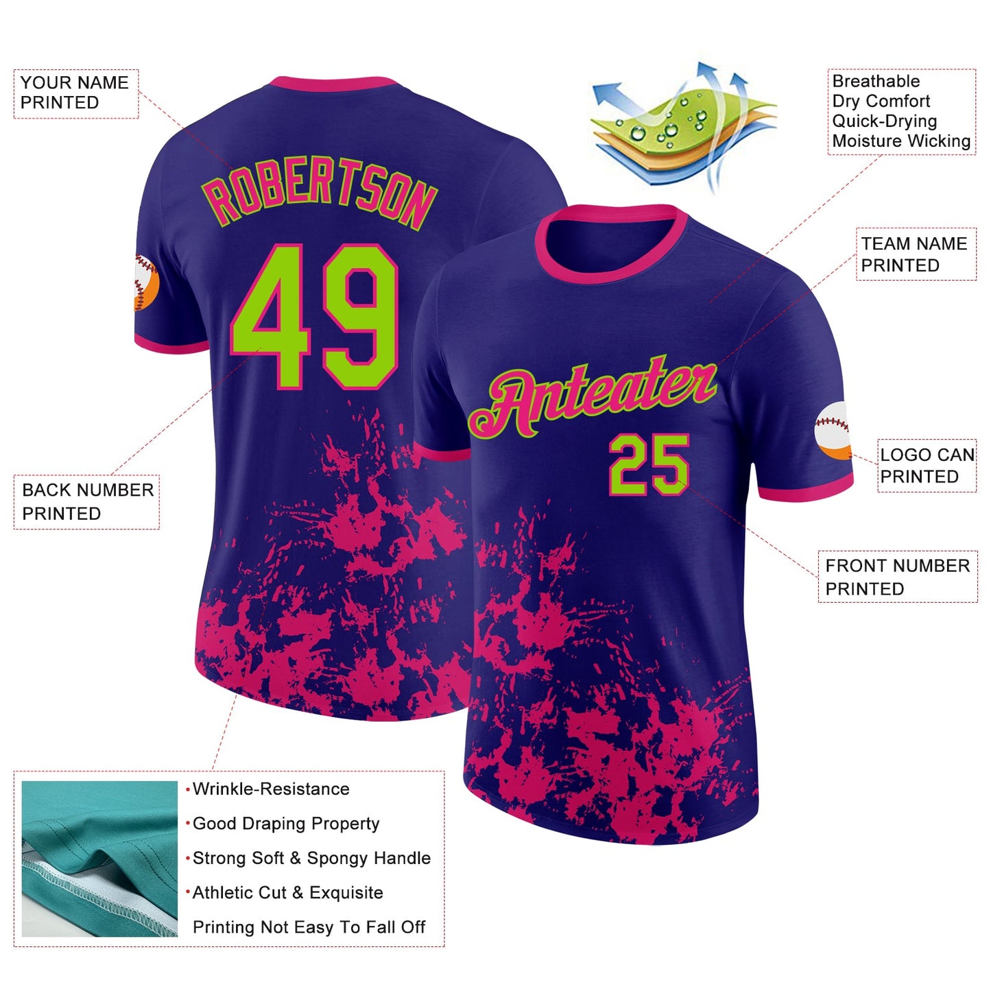 Custom Dark Purple Neon Green-Hot Pink Brush Stroke Splatter Performance T-Shirt view 2