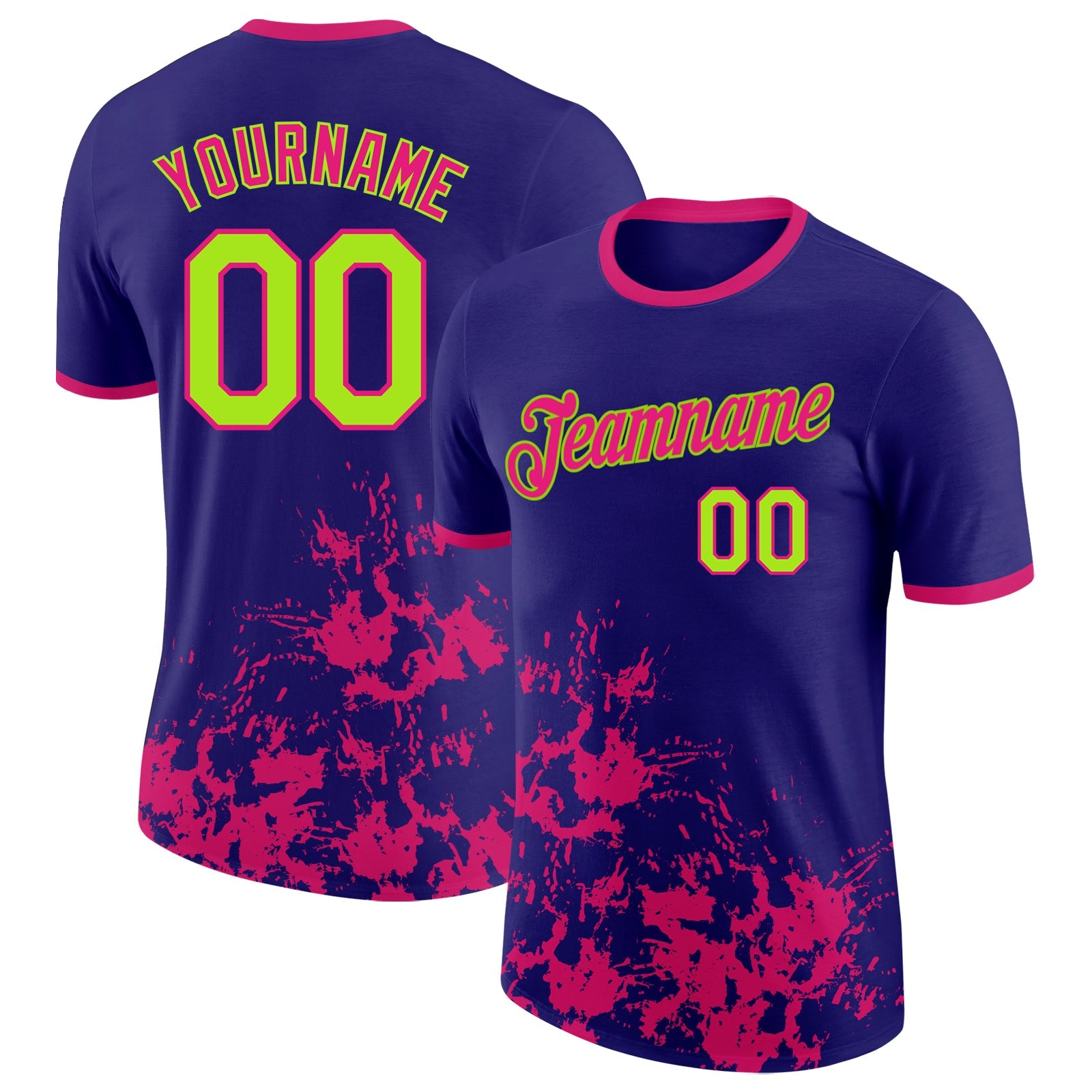 Custom Dark Purple Neon Green-Hot Pink Brush Stroke Splatter Performance T-Shirt - Main View