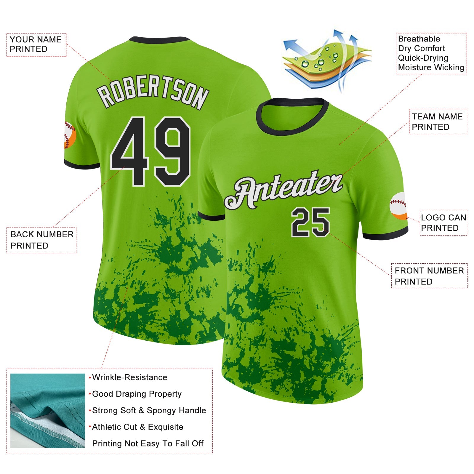 Custom Neon Green Black Grass Green-White Brush Stroke Splatter Performance T-Shirt view 2