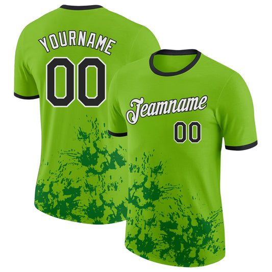 Custom Neon Green Black Grass Green-White Brush Stroke Splatter Performance T-Shirt - Main View