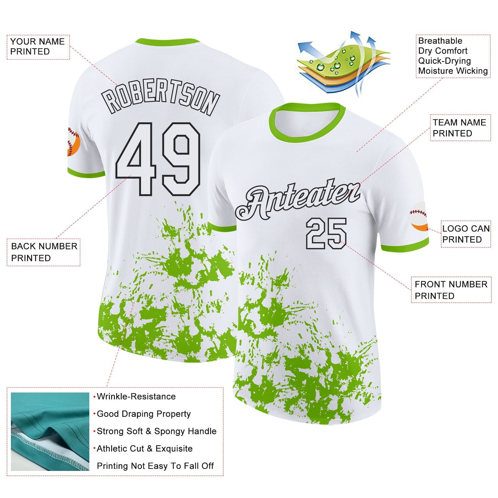 Custom White Neon Green-Black Brush Stroke Splatter Performance T-Shirt view 2
