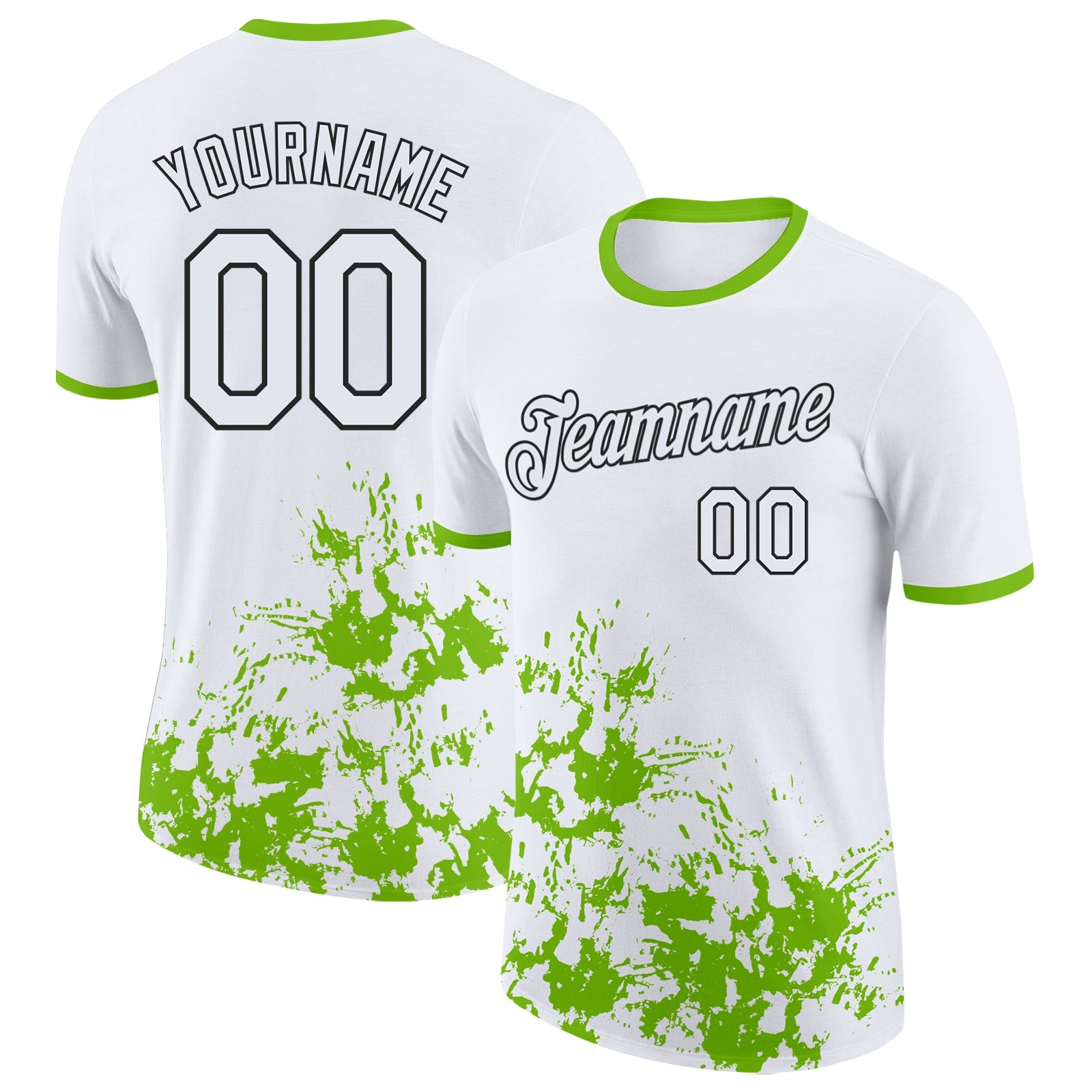 Custom White Neon Green-Black Brush Stroke Splatter Performance T-Shirt - Main View