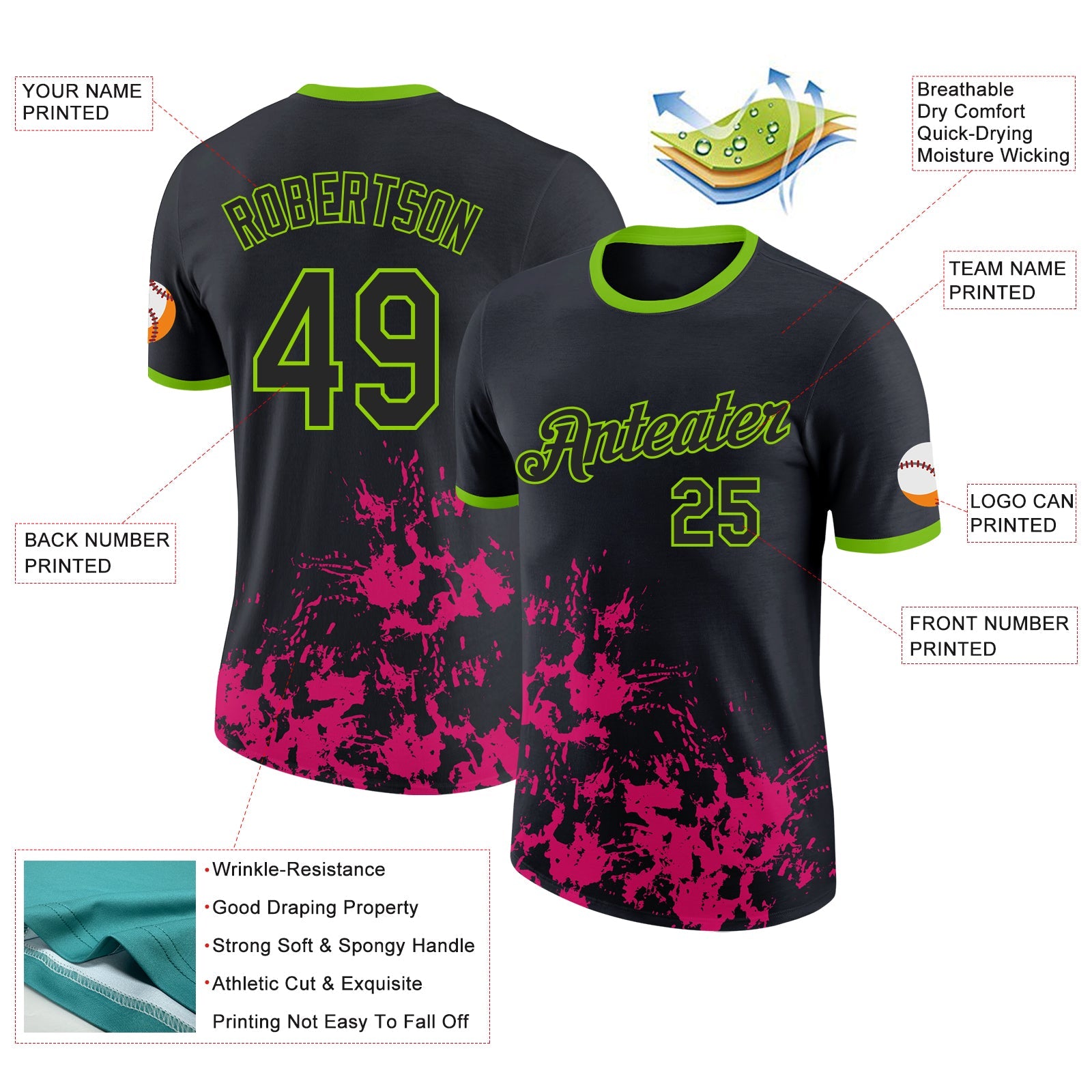 Custom Black Hot Pink-Neon Green Brush Stroke Splatter Performance T-Shirt view 2