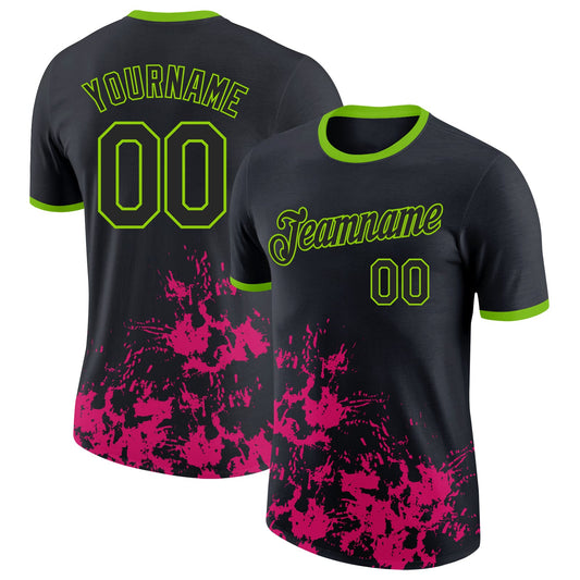 Custom Black Hot Pink-Neon Green Brush Stroke Splatter Performance T-Shirt - Main View