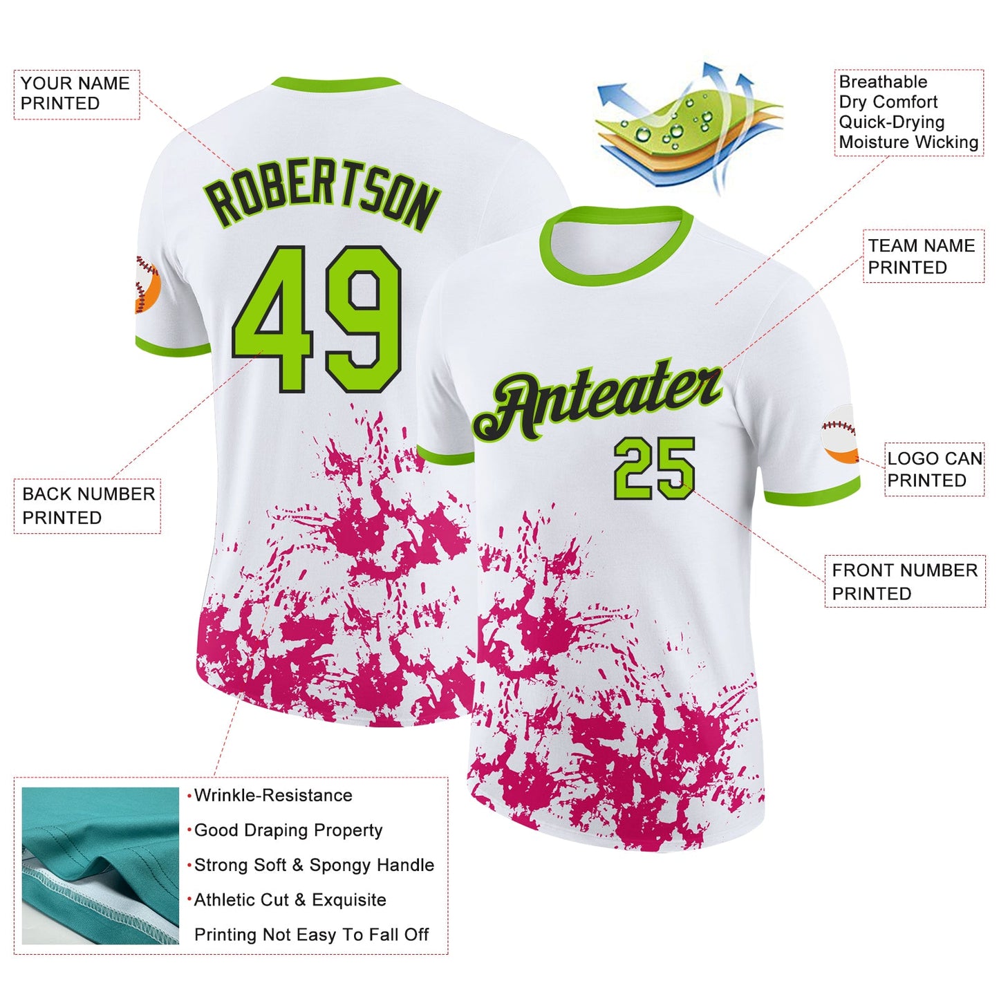Custom White Neon Green Hot Pink-Black Brush Stroke Splatter Performance T-Shirt view 2