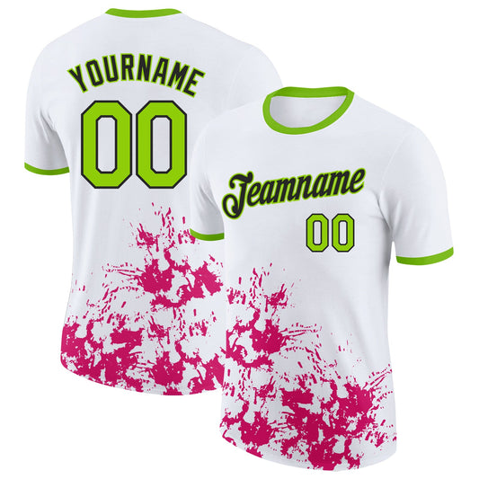 Custom White Neon Green Hot Pink-Black Brush Stroke Splatter Performance T-Shirt - Main View