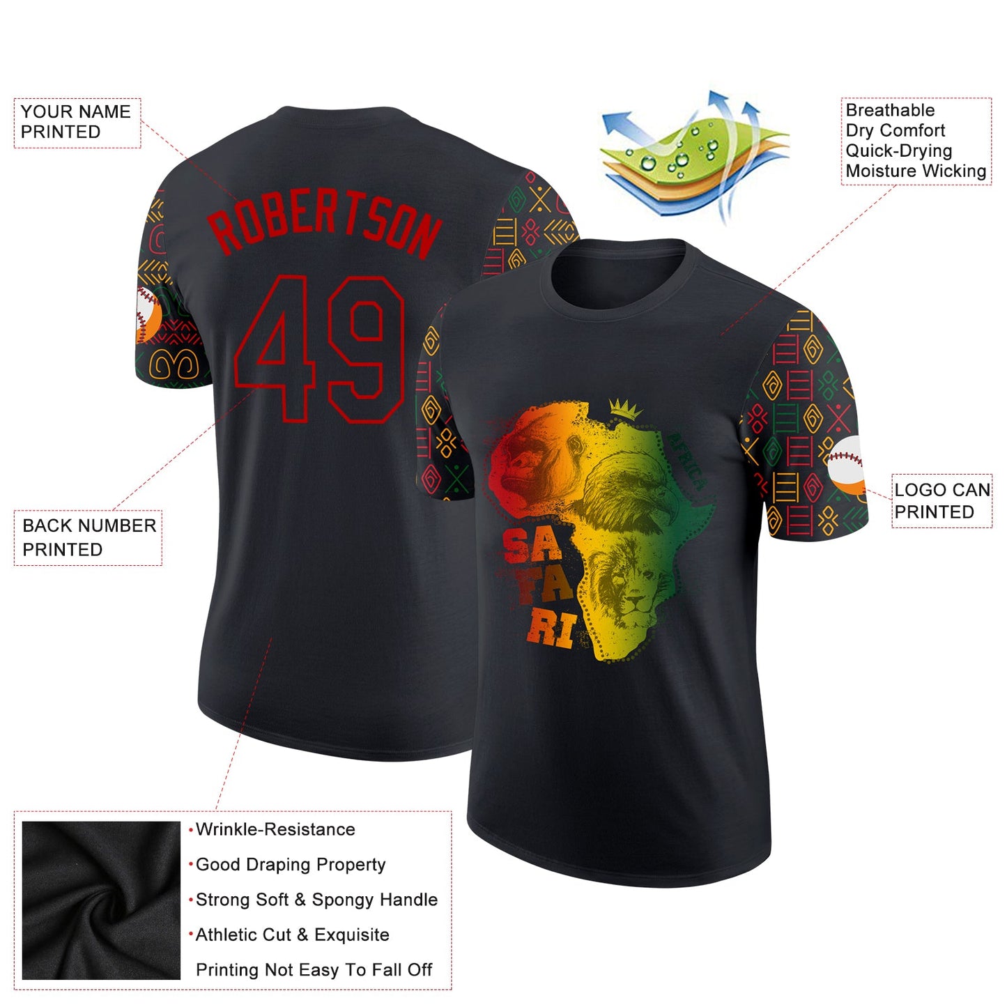 Custom Black Red 3D Pattern Design Black History Month Africa Safari Performance T-Shirt view 2