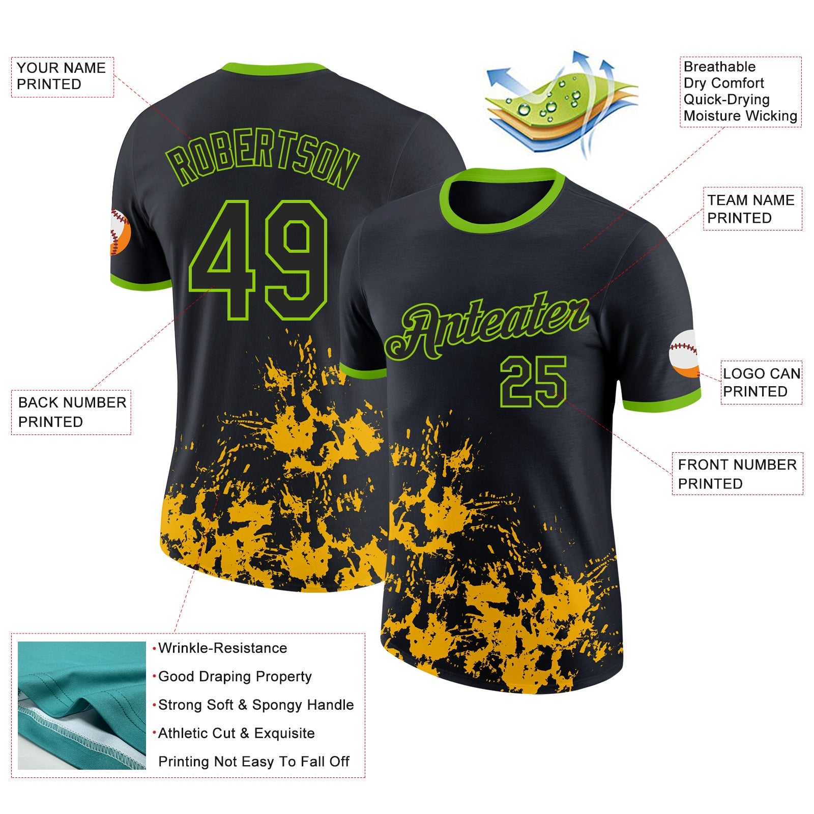 Custom Black Yellow-Neon Green Brush Stroke Splatter Performance T-Shirt view 2