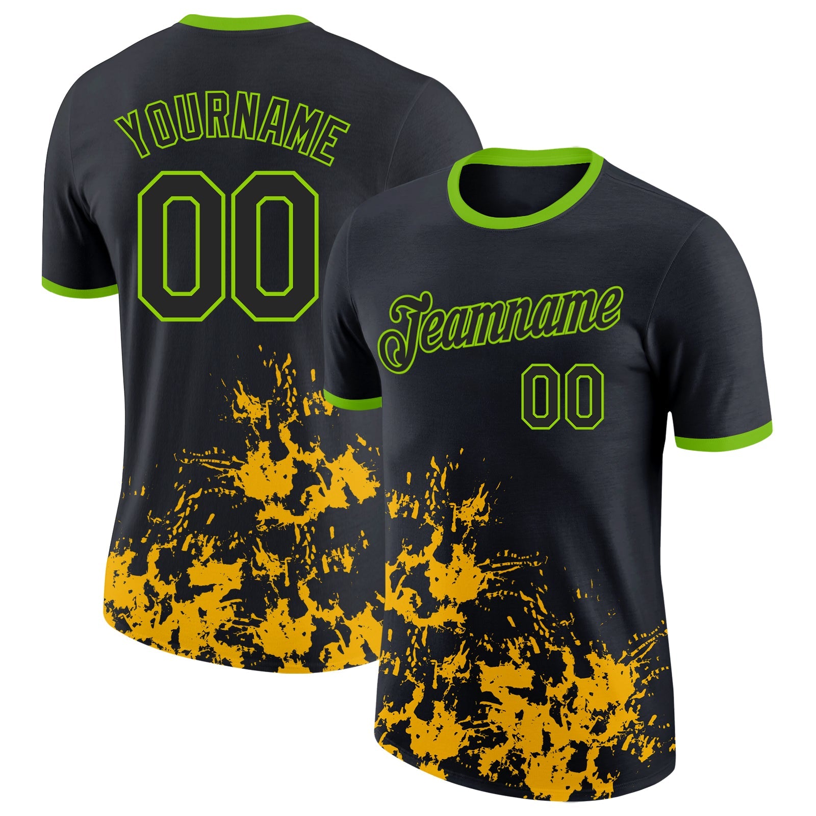 Custom Black Yellow-Neon Green Brush Stroke Splatter Performance T-Shirt - Main View