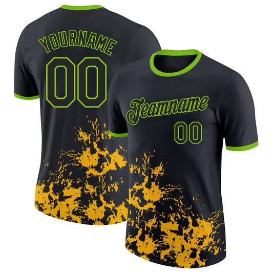 Custom Black Yellow-Neon Green Brush Stroke Splatter Performance T-Shirt - Main View