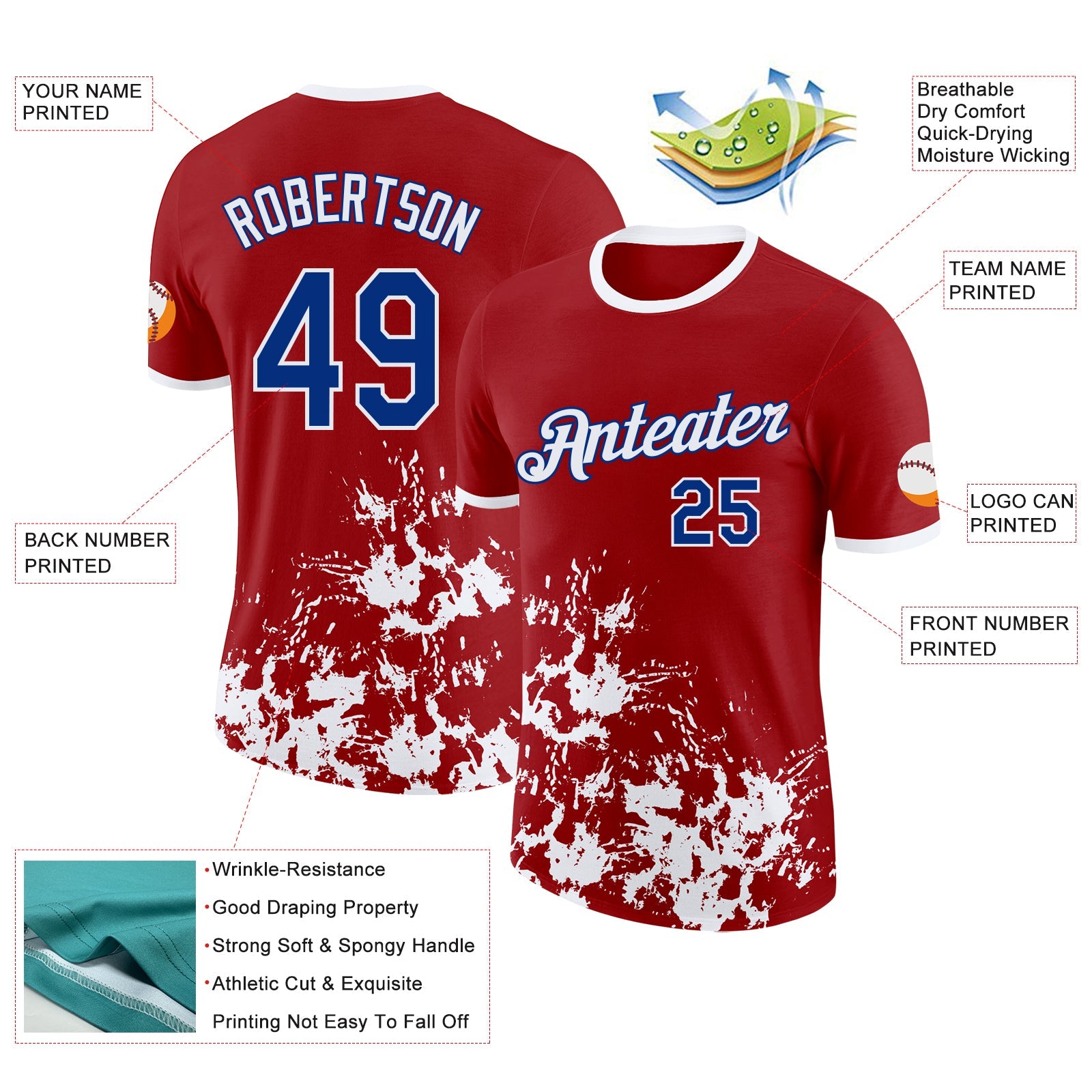Custom Red Royal-White Brush Stroke Splatter Performance T-Shirt view 2