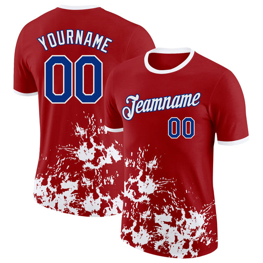 Custom Red Royal-White Brush Stroke Splatter Performance T-Shirt - Main View