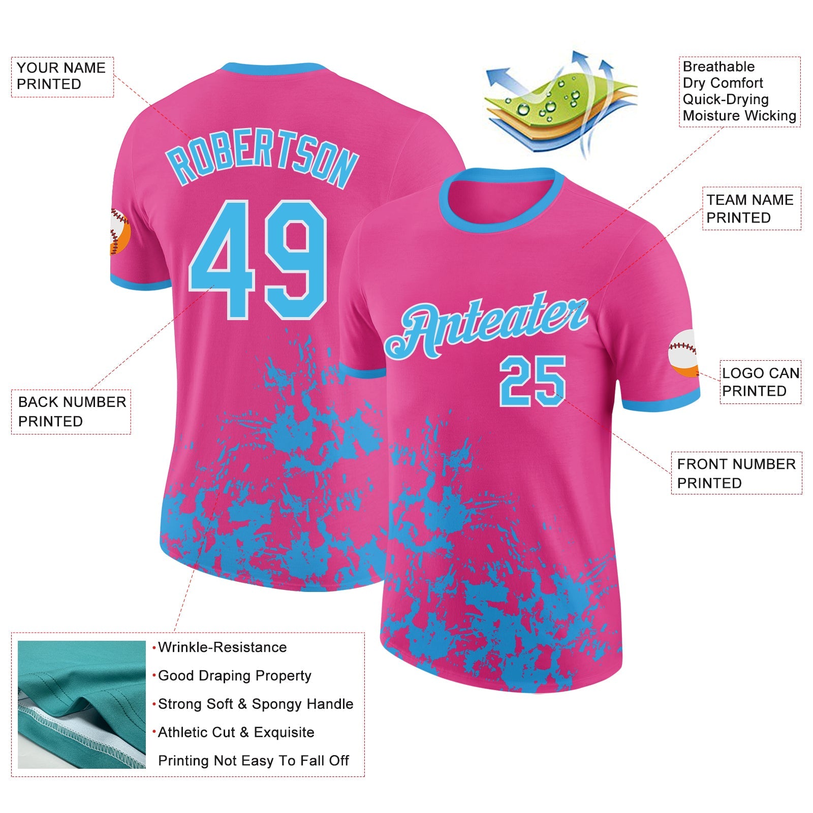 Custom Pink Sky Blue-White Brush Stroke Splatter Performance T-Shirt view 2