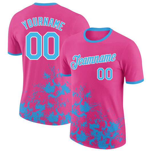 Custom Pink Sky Blue-White Brush Stroke Splatter Performance T-Shirt - Main View